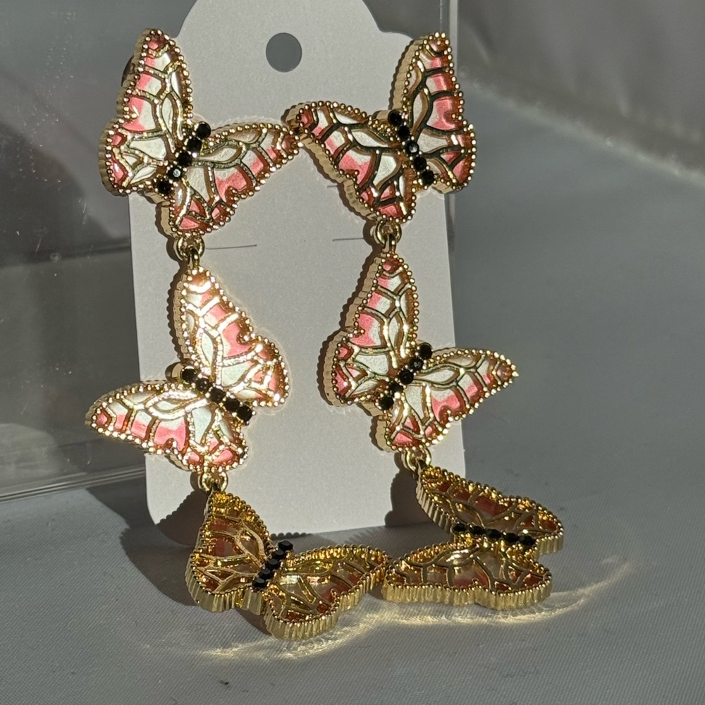 Gold and Pink Butterfly Dangle Earrings